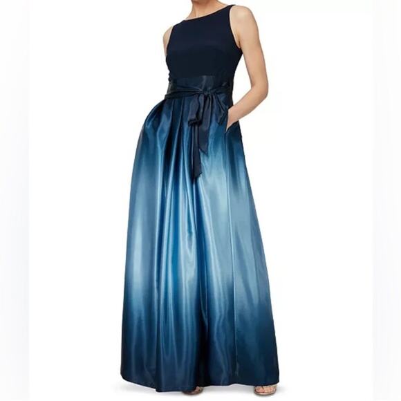 SL Fashions Ombré Satin Bow Sash Gown Navy/Wedgewood Women’s Sz 16 NWT - Picture 1 of 10